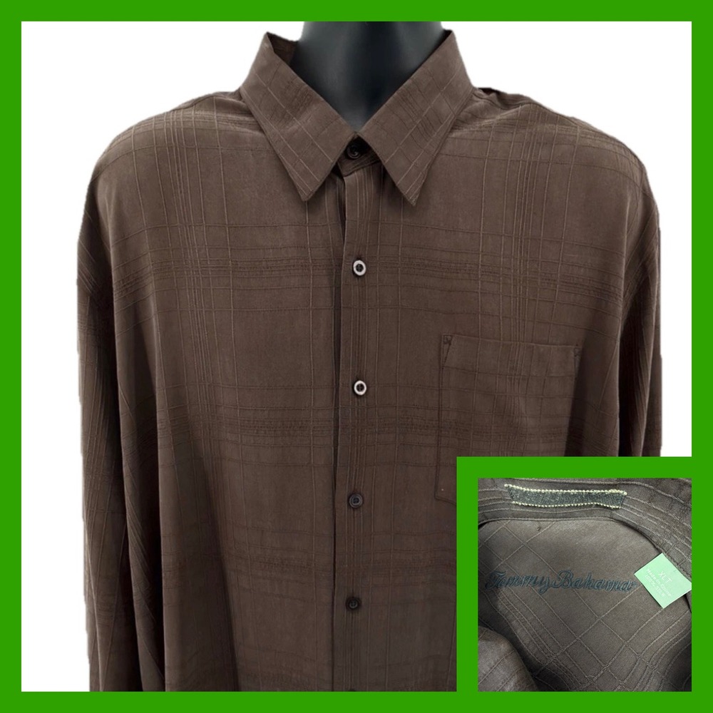 Tommy Bahama Shirt Men XLT Brown 100%‎ Silk Long Sleeve Textured Plaid